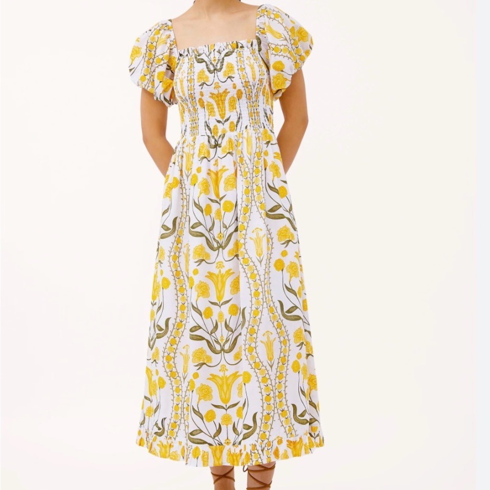 BEYOND BY VERA YELLOW GREEN FLORAL SMOCKED SHORT PUFF SLEEVE MIDI DRESS MEDIUM - Picture 1 of 5